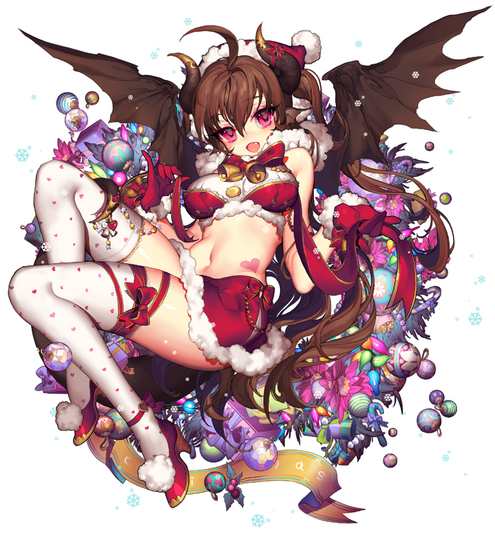 :d ahoge beatrice_(soccer_spirits) bell breasts brown_hair christmas_ornaments dragon_girl dragon_horns dragon_wings fang full_body gift gloves hat high_heels horns long_hair looking_at_viewer medium_breasts midriff navel official_art open_mouth pika_(kai9464) purple_eyes red_gloves ribbon santa_hat simple_background skirt smile snowflakes soccer_spirits solo thighhighs very_long_hair white_background white_legwear wings