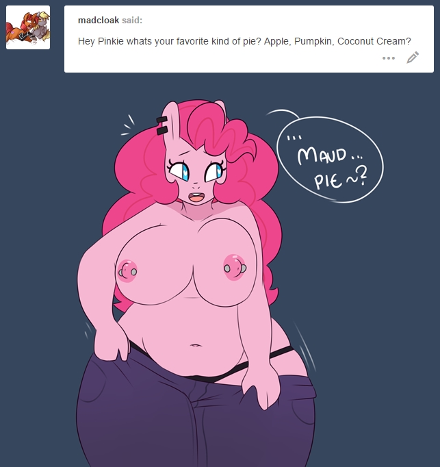 2016 anthro areola big_breasts breasts clothed clothing earth_pony english_text equine erect_nipples female friendship_is_magic half-dressed horse hugtastic_pinkie_pie mammal my_little_pony nipple_piercing nipples piercing pinkie_pie_(mlp) pony slightly_chubby solo somescrub text topless