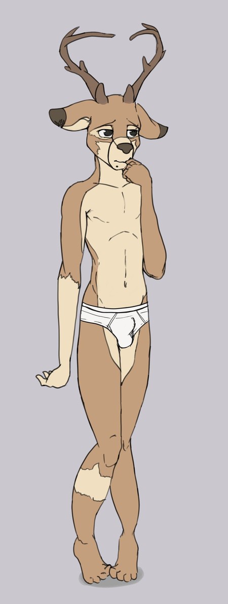 antlers barefoot briefs bulge cervine clothed clothing deer finger_to_mouth flat_colors front_view half-dressed horn looking_away male mammal navel shy solo topless trimean underwear