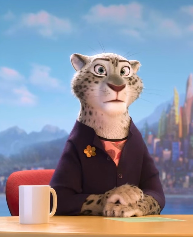 anthro blue_eyes city cityscape clothed clothing cup disney feline female flower leopard looking_at_viewer mammal plant screencap snow_leopard snow_leopard_reporter_(zootopia) solo unknown_artist zootopia