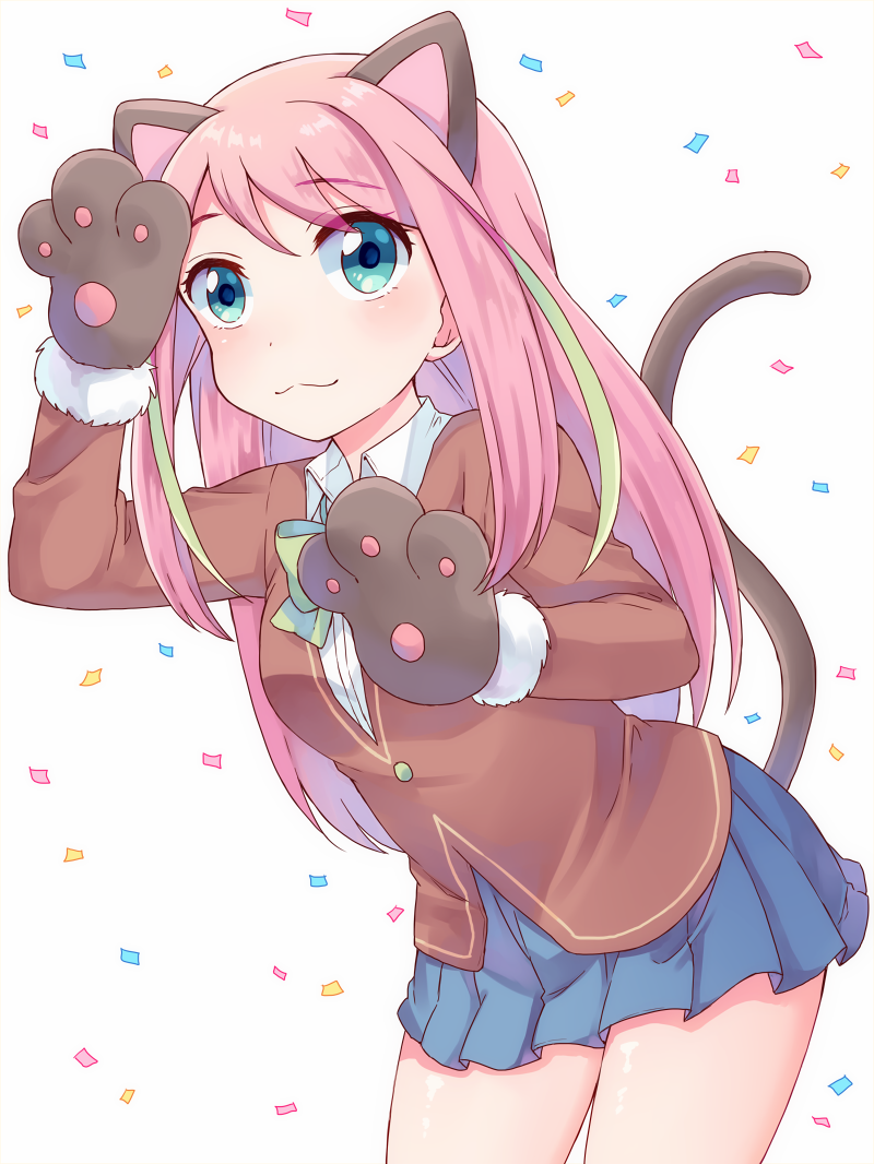 :3 animal_ears cat_ears cat_tail commentary_request gloves hashimoto_nyaa miso_(mimimiso) multicolored_hair osomatsu-san paw_gloves paws pink_hair school_uniform skirt smile solo streaked_hair tail