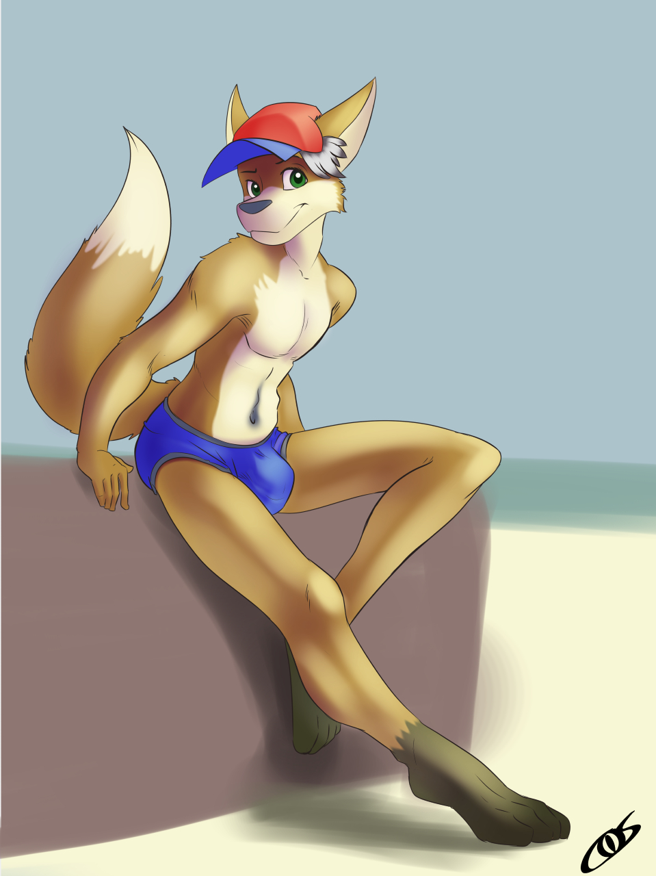 anthro bulge canine clothed clothing coszcatl fox half-dressed hat invalid_tag looking_at_viewer male mammal sitting smile solo topless