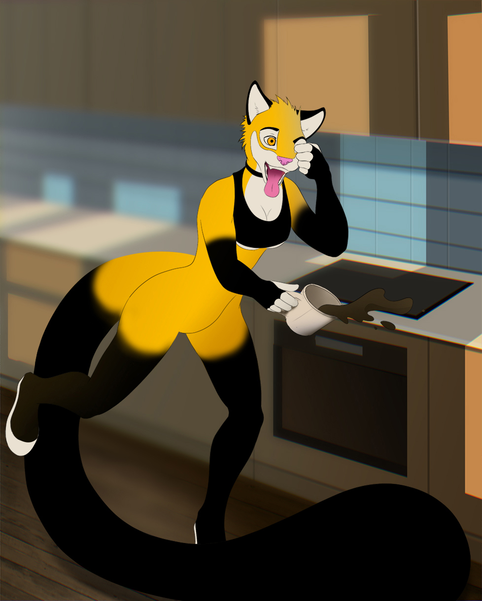 anthro beverage big_tail cat coffee feline female food latex_(artist) mammal solo tongue tongue_out