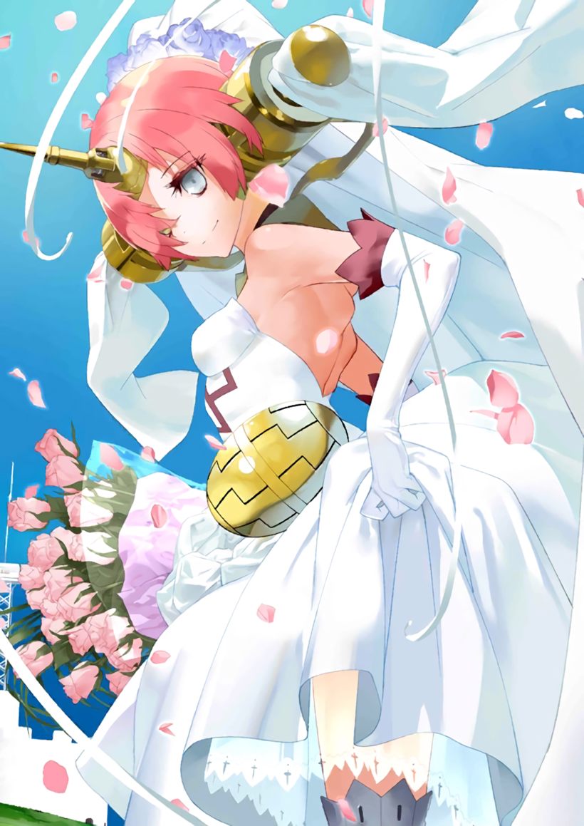blue_eyes blue_flower blue_rose bouquet cowboy_shot dress elbow_gloves fate/apocrypha fate/grand_order fate_(series) flower frankenstein's_monster_(fate) from_side gloves hair_flower hair_ornament hair_over_one_eye heterochromia looking_at_viewer official_art okazaki_takeshi petals pink_flower pink_hair pink_rose resized rose rose_petals see-through short_hair skirt_hold smile solo strapless strapless_dress upscaled waifu2x white_dress white_gloves yellow_eyes
