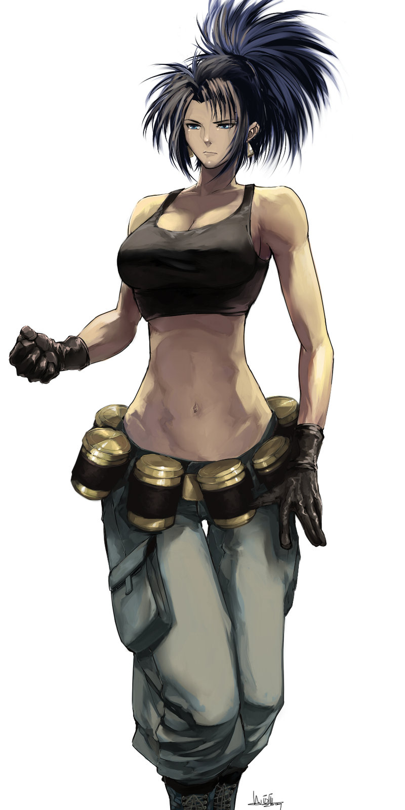 bandolier bare_shoulders blue_eyes blue_hair boots breasts cleavage crop_top david_liu gloves highres large_breasts leona_heidern long_hair midriff military ponytail solo tank_top the_king_of_fighters toned