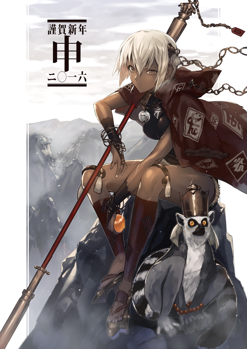 animal ankle_wrap bracelet brown_eyes cape chain crown dark_skin food fruit gloves highres jewelry lemur mountain sandals short_hair shrimpman solo staff toe_ring translation_request weapon white_hair