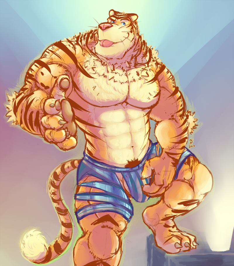 2016 abs anthro biceps big_muscles blue_eyes brown_fur bulge claws clothed clothing disney feline fur half-dressed mackles_(artist) male mammal muscular pecs pink_nose pubes raised_leg shorts solo standing stripes stripper stripper_tiger_(zootopia) tiger toe_claws tongue tongue_out topless whiskers white_fur zootopia