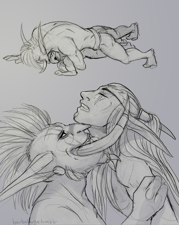 3_fingers anal barbalarga blood_elf clothed clothing drooling duo elf facial_hair hair half-dressed humanoid lick_neck licking long_ears long_hair lor'themar_theron male male/male saliva size_difference sketch tagme tongue tongue_out topless troll video_games vol'jin warcraft world_of_warcraft