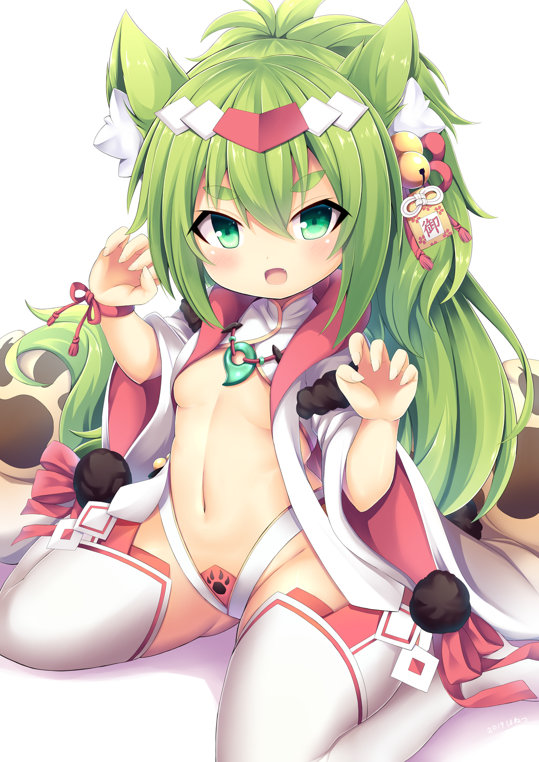1girl :d animal_ear_fluff animal_ears azur_lane bangs bell blush breasts claw_pose eyebrows_visible_through_hair fangs fingernails green_eyes green_hair hair_bell hair_between_eyes hair_ornament hands_up highres isokaze_(azur_lane) jingle_bell long_hair long_sleeves looking_at_viewer magatama navel no_shoes open_mouth paw_print ponytail revealing_clothes simple_background sitting small_breasts smile solo stomach tail tatuyayosi thick_eyebrows thighhighs very_long_hair wariza white_background white_legwear wide_sleeves
