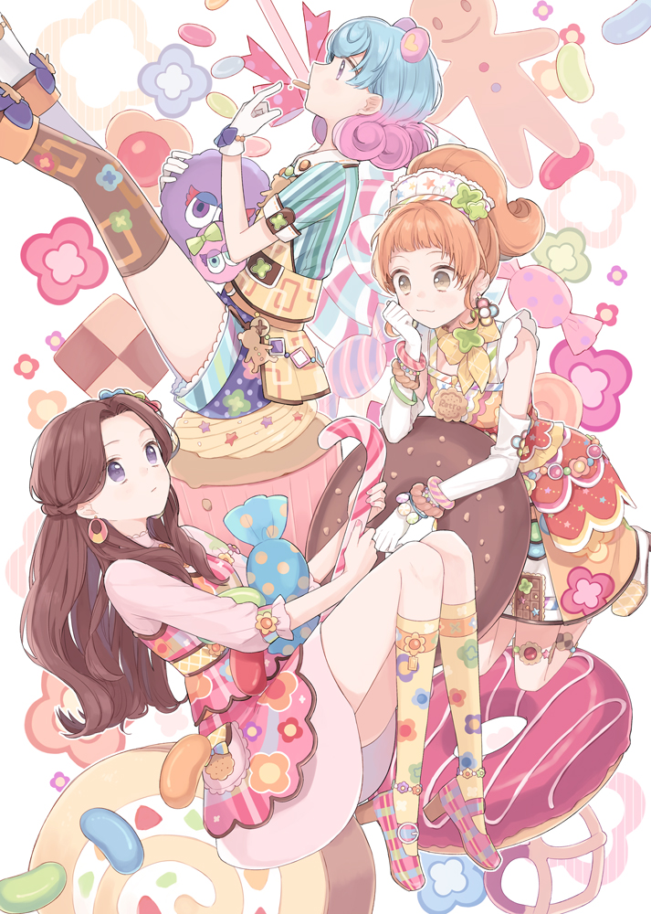 :3 aikatsu! aikatsu!_(series) animal_ears asymmetrical_legwear bad_id bad_pixiv_id bangs blue_hair blunt_bangs blush boots bow bracelet braid brown_eyes brown_hair cake candy candy_cane chocolate closed_mouth cookie crescent crescent_earrings cupcake curly_hair dojima_nina_(aikatsu!) door doughnut dress earrings eating fake_animal_ears finger_to_mouth floral_print flower flower_earrings food food_in_mouth food_themed_clothes fujiwara_miyabi_(aikatsu!) gingerbread_man gloves gomi_chiri gradient_hair hair_flower hair_ornament hairband half_updo holding in_food jelly_bean jewelry kerchief kneehighs kneeling kurisu_kokone lace-trimmed_collar long_hair looking_at_another mary_janes mouth_hold multicolored_hair multiple_girls orange_hair oversized_object overskirt parted_bangs pastry pink_hair plaid plaid_bow plaid_footwear plaid_ribbon polka_dot polka_dot_bow polka_dot_ribbon polka_dot_shorts print_dress print_gloves print_legwear print_shirt print_shorts print_skirt profile purple_eyes ribbon ring shirt shoes short_sleeves shorts skirt sleeveless sleeveless_dress sleeves_folded_up sleeves_past_elbows star striped striped_shirt swiss_roll thigh_strap thighhighs vertical-striped_shirt vertical_stripes white_gloves yellow_legwear