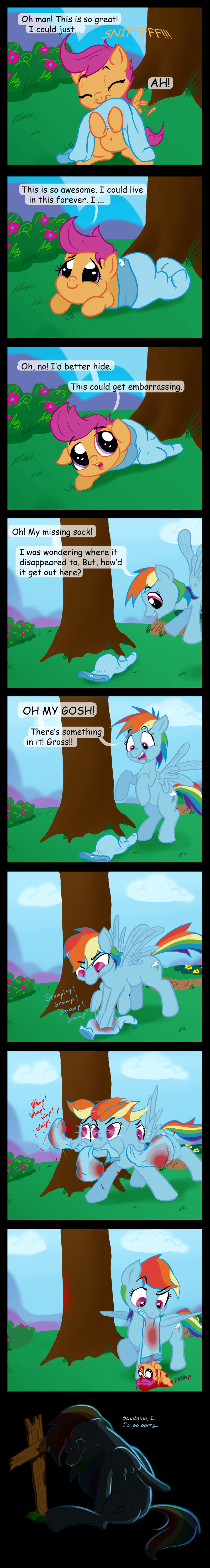 absurd_res bad_end blood blue_feathers blue_fur clothing comic crying death english_text equine feathers female feral flower friendship_is_magic fur gavalanche grass grave hi_res legwear mammal my_little_pony outside pegasus plant purple_eyes rainbow_dash_(mlp) rainbow_fur scootaloo_(mlp) socks tears text tree unknown_artist wings young