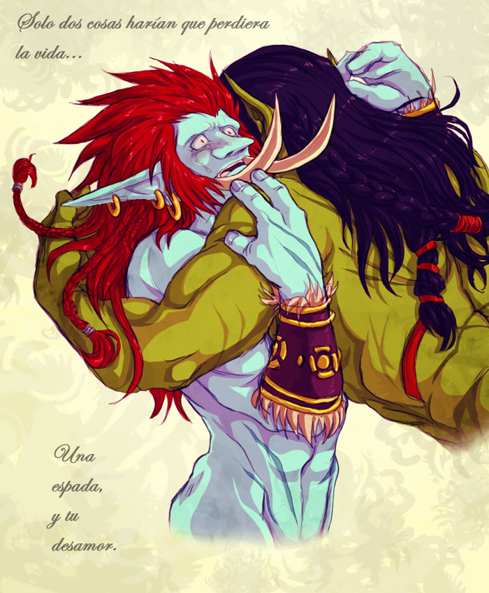 3_fingers braided_hair couple crying duo ear_piercing hair hug humanoid male male/male orc piercing spanish_text tears text thrall tornking troll video_games vol'jin warcraft world_of_warcraft