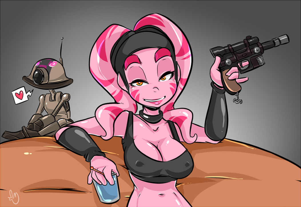 &lt;3 2016 5_fingers breasts cleavage clothed clothing cup duckdraw duo female gun humanoid looking_at_viewer machine navel nipple_bulge orange_eyes pink_skin ranged_weapon robot smile speech_bubble star_wars thick_bottom_lip twi'lek weapon