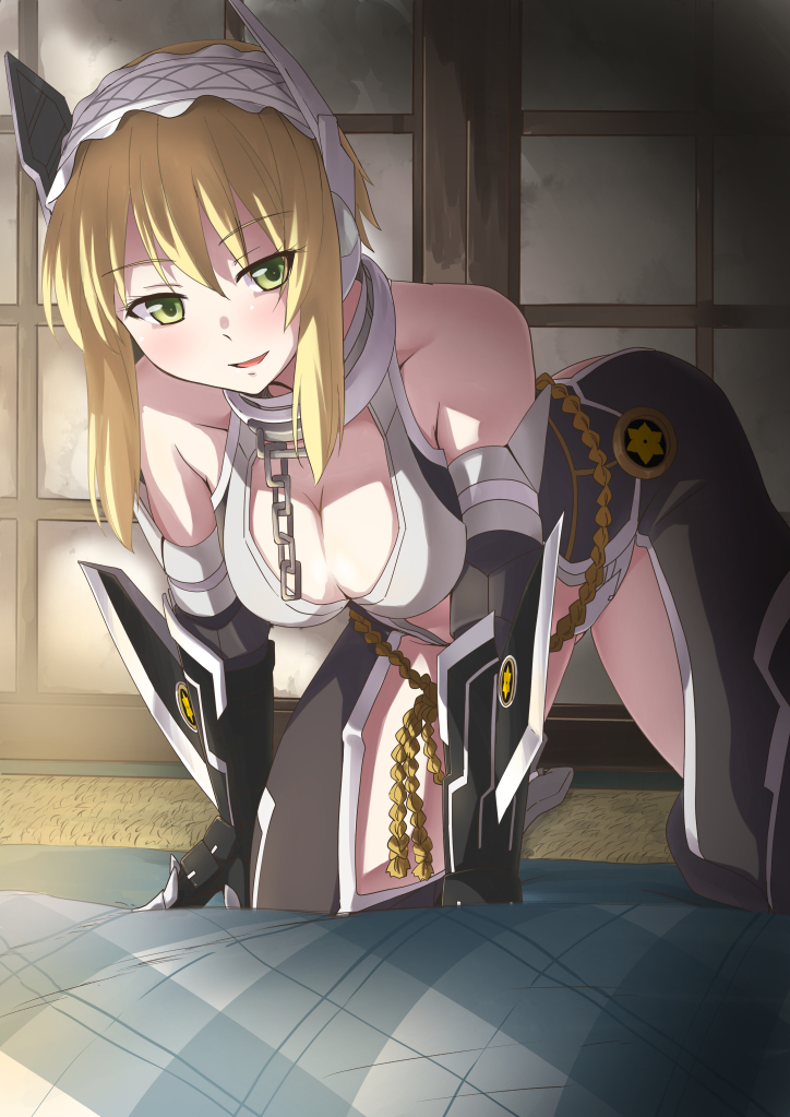 :d all_fours arm_guards armor bare_shoulders blanket blonde_hair blush breasts center_opening chain cleavage collarbone emblem eyebrows eyebrows_visible_through_hair futon gauntlets green_eyes hair_between_eyes hairband hanging_breasts indoors jewelry looking_at_viewer maid_headdress medium_breasts neck_ring open_mouth original parted_lips phantasy_star phantasy_star_online_2 shimotsuki_iko short_hair sidelocks sliding_doors smile solo