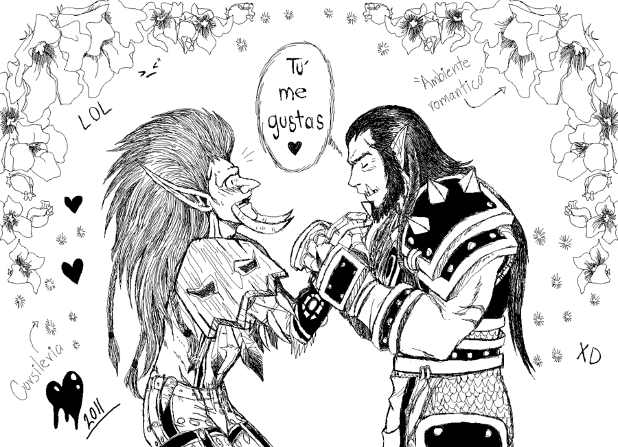 &lt;3 2011 3_fingers better_version_at_source braided_hair couple dialogue duo hair humanoid male male/male orc spanish_text text thrall tornking troll video_games vol'jin warcraft world_of_warcraft