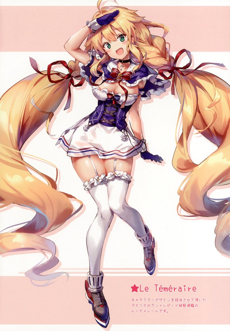 :d ahoge azur_lane blonde_hair blush blush_stickers braid breasts capelet cleavage frilled_legwear garter_straps green_eyes hand_on_own_head knees_together_feet_apart large_breasts le_temeraire_(azur_lane) long_hair looking_at_viewer open_mouth riichu shoes skindentation skirt smile solo thigh_gap thighhighs translation_request twin_braids very_long_hair white_legwear