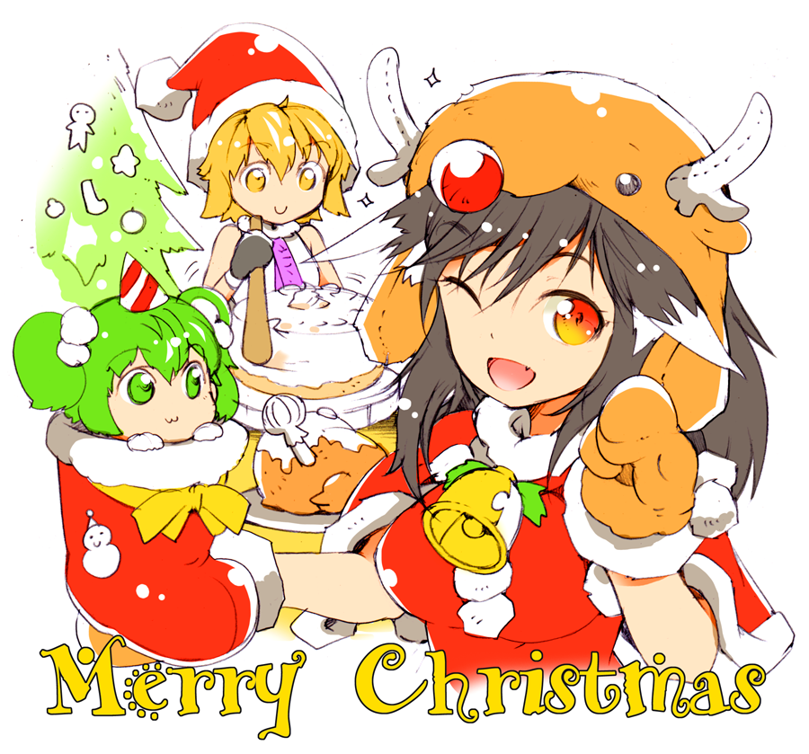animal_costume animal_ears bell brown_hair bucket cake christmas_tree fang food green_eyes green_hair hair_bobbles hair_ornament hat ichizen_(o_tori) imaizumi_kagerou in_bucket in_container kisume kurodani_yamame long_hair merry_christmas multiple_girls one_eye_closed open_mouth red_eyes reindeer_costume santa_hat short_hair smile touhou turkey twintails wolf_ears