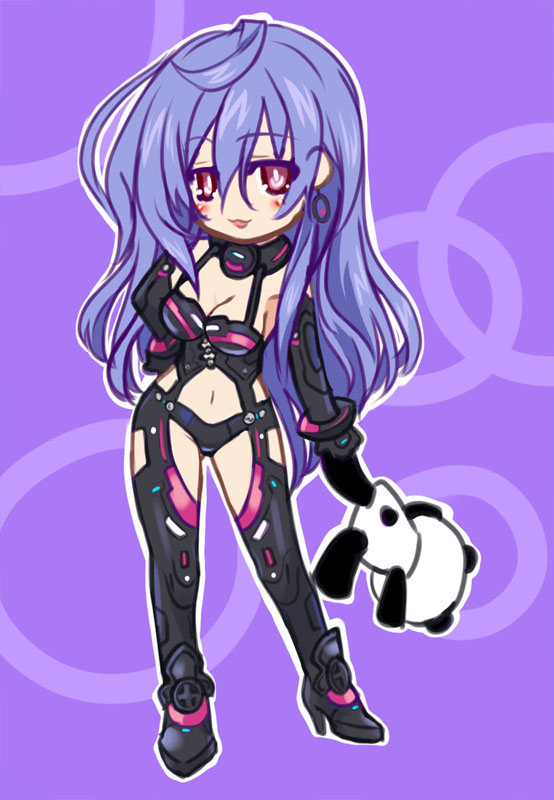 bad_id bad_pixiv_id blue_hair blush breasts chibi dominatrix elbow_gloves gloves iris_heart kamia_(not_found) long_hair looking_at_viewer medium_breasts navel neptune_(series) panda red_eyes smile solo stuffed_animal stuffed_toy symbol-shaped_pupils very_long_hair