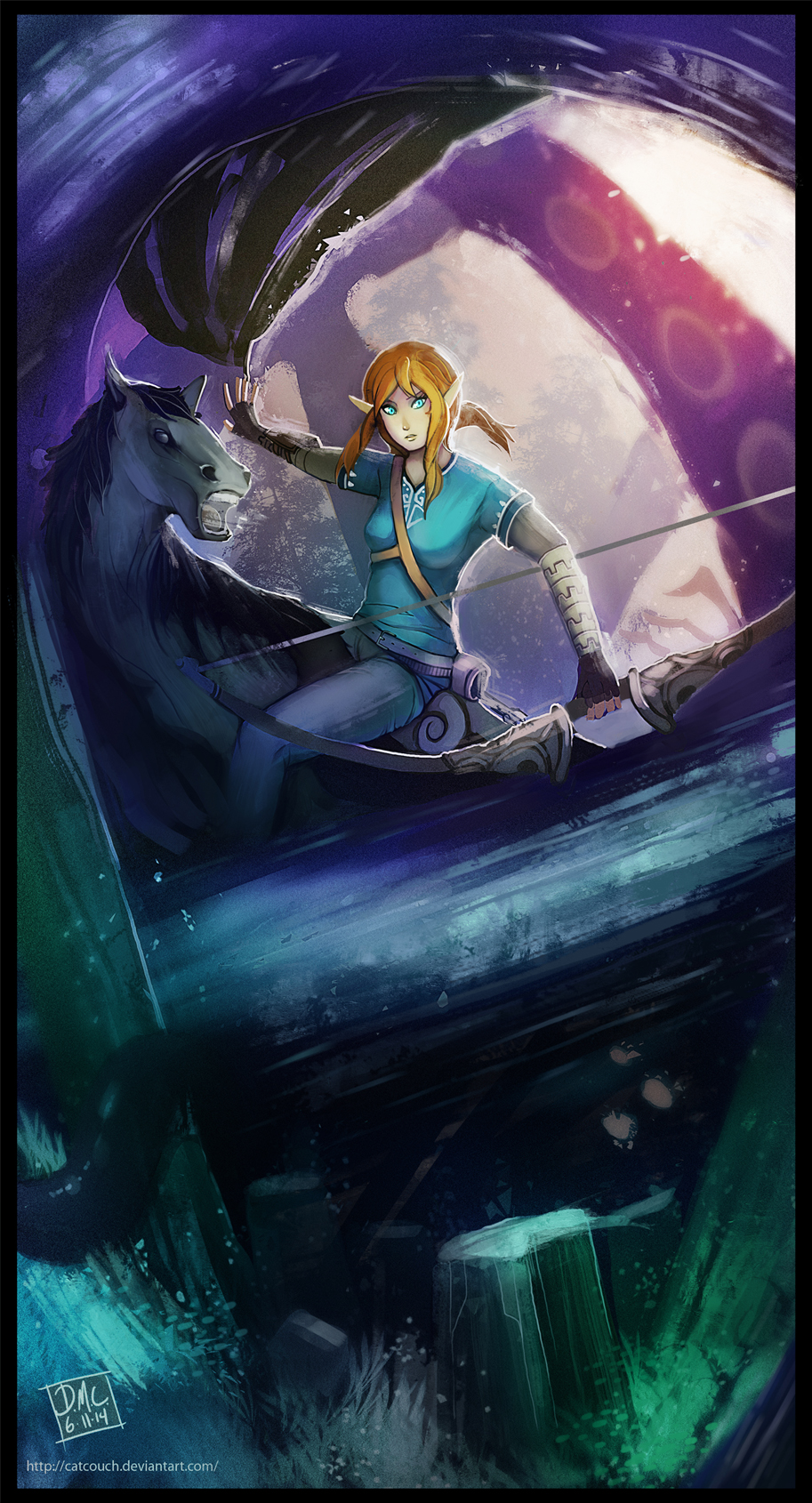 between_breasts blonde_hair blue_eyes border bow_(weapon) breasts catcouch commentary genderswap genderswap_(mtf) highres horse horseback_riding link long_hair making_of pointy_ears ponytail quiver riding sidelocks solo strap_cleavage the_legend_of_zelda the_legend_of_zelda:_breath_of_the_wild weapon what_if