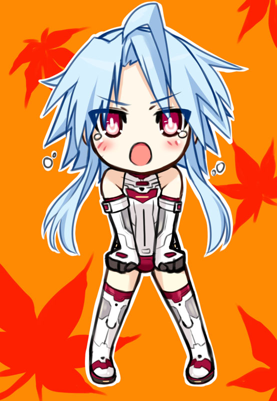 ahoge autumn_leaves bad_id bad_pixiv_id blue_hair blush chibi elbow_gloves gloves kami_jigen_game_neptune_v kamia_(not_found) leotard looking_at_viewer neptune_(series) open_mouth power_symbol red_eyes short_hair_with_long_locks sidelocks solo symbol-shaped_pupils tears thighhighs white_heart