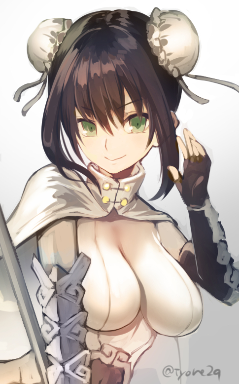 1girl :} bangs black_gloves bodysuit breasts brown_hair bun_cover chinese_clothes closed_mouth commentary_request dot_pupils double_bun ears_visible_through_hair elbow_gloves fate/grand_order fate_(series) fingerless_gloves frills gloves green_eyes hand_up high_collar large_breasts long_hair looking_at_viewer qin_liangyu_(fate) ribbon shiny shiny_hair short_hair sidelocks smile solo tyone upper_body v-shaped_eyebrows white_bodysuit
