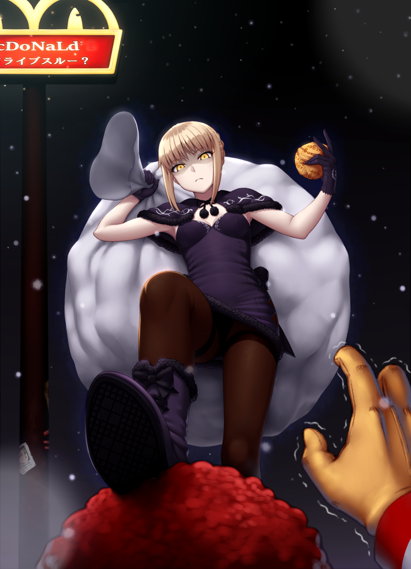 afro amase_(yagami666) artoria_pendragon_(all) bag black_footwear black_legwear blonde_hair boots capelet crotch_seam fate/grand_order fate/stay_night fate_(series) food fur-trimmed_boots fur_trim gloves hamburger lancer mcdonald's panties panties_under_pantyhose pantyhose poster_(object) red_hair ronald_mcdonald saber_alter sack signpost sleeveless snowing solo_focus stepped_on thighband_pantyhose underwear yellow_eyes