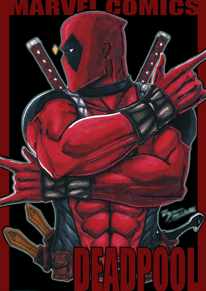 \m/ abs character_name copyright_name dated deadpool double_\m/ impossible_clothes katana male_focus marvel mask muscle signature solo superhero sword traditional_media tryvor upper_body w weapon