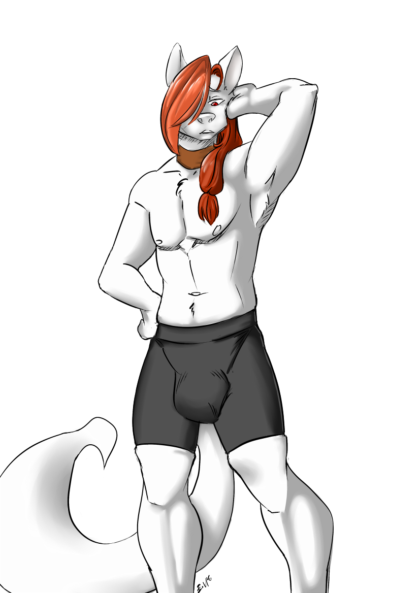 abs armpit_hair armpits big_bulge big_tail bike_shorts boxers_(clothing) bulge chest_tuft choker clothing ein_(artist) ein_(character) fur hair hand_on_head huge_bulge male muscular nipples red_eyes red_hair shorts simple_background solo standing tuft underwear white_fur