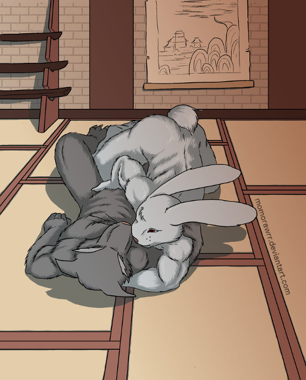 anthro dojo duo grope lagomorph long_ears lying male male/male mammal momorawrr nude rabbit rat rodent smile splinter teenage_mutant_ninja_turtles usagi_yojimbo