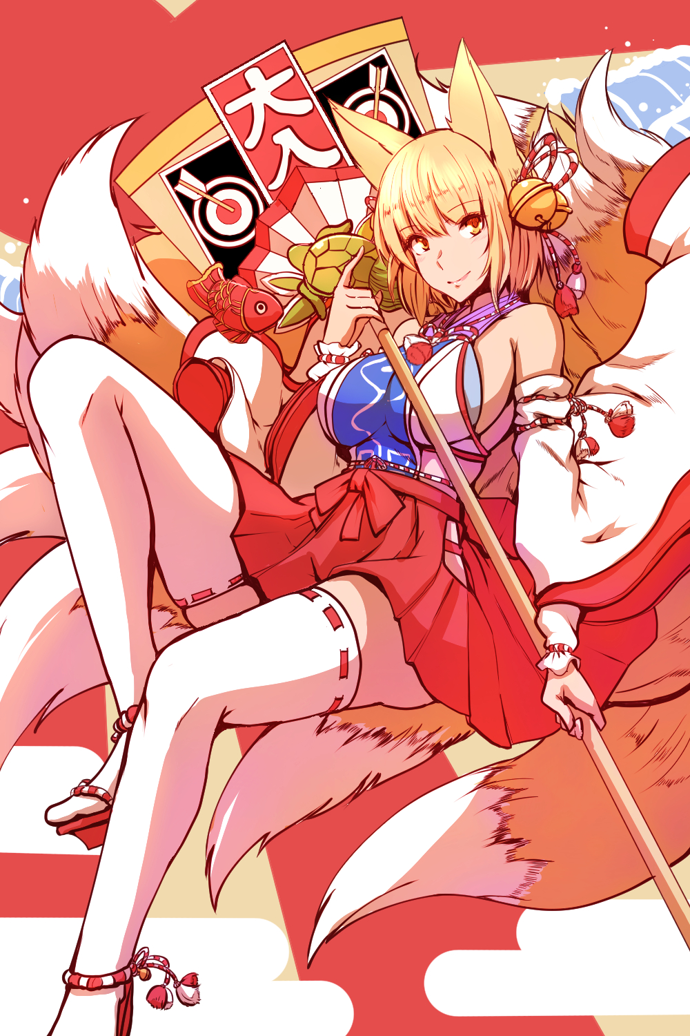 alternate_costume animal_ears arrow bare_shoulders bell blonde_hair breasts dearmybrothers detached_sleeves fish fox_ears fox_tail hair_bell hair_ornament hakama highres hip_vent japanese_clothes large_breasts long_sleeves looking_at_viewer multiple_tails new_year nontraditional_miko red_hakama short_hair sideboob smile solo tail tassel thighhighs thighs touhou turtle white_legwear wide_sleeves yakumo_ran yellow_eyes zettai_ryouiki