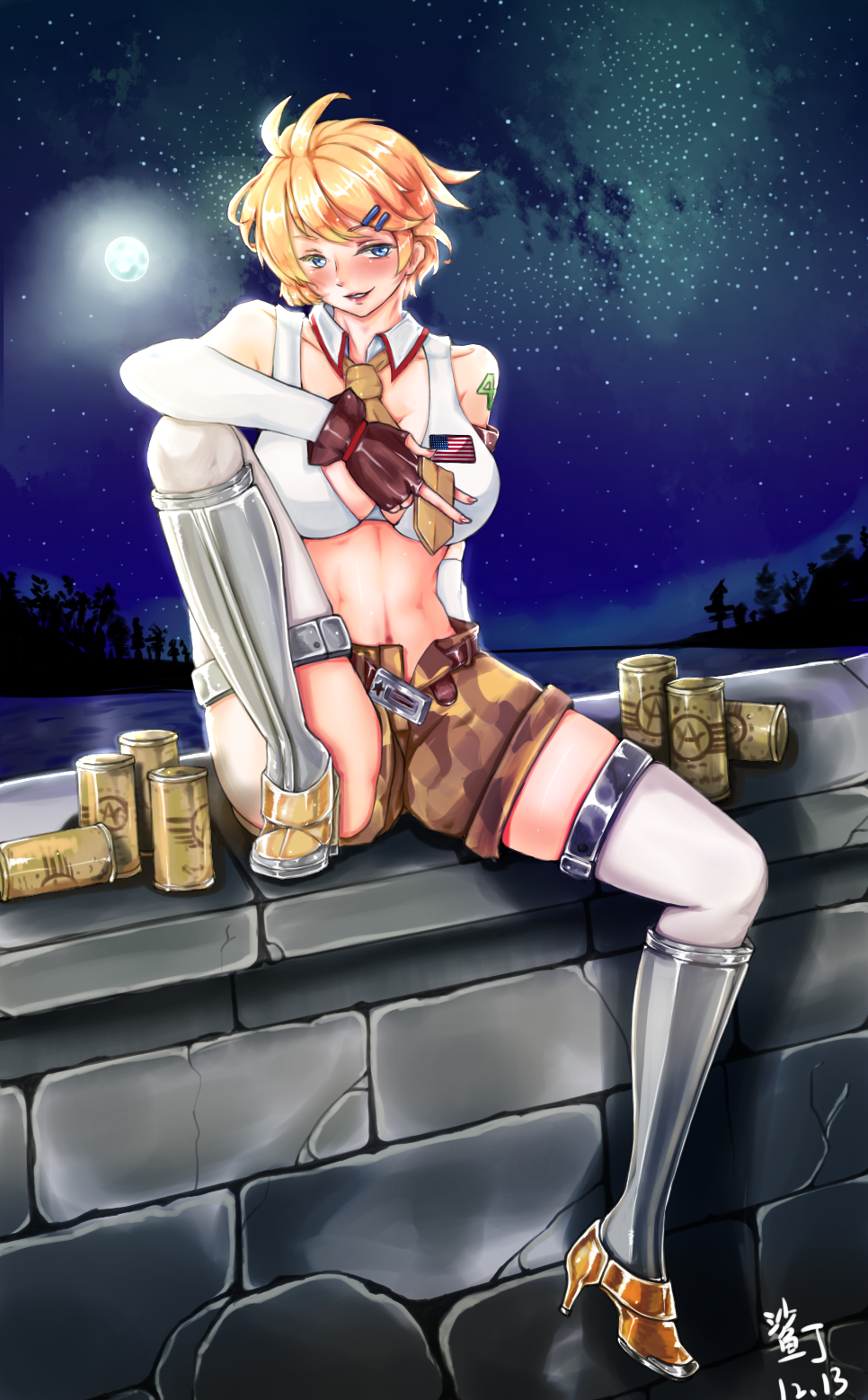 blonde_hair blush breasts can detached_sleeves fingerless_gloves full_moon gloves highres large_breasts midriff moon navel necktie shardine short_hair short_shorts shorts skindentation smile solo star tennessee_(zhan_jian_shao_nyu) thighhighs tree unbuttoned undone_belt water zhan_jian_shao_nyu