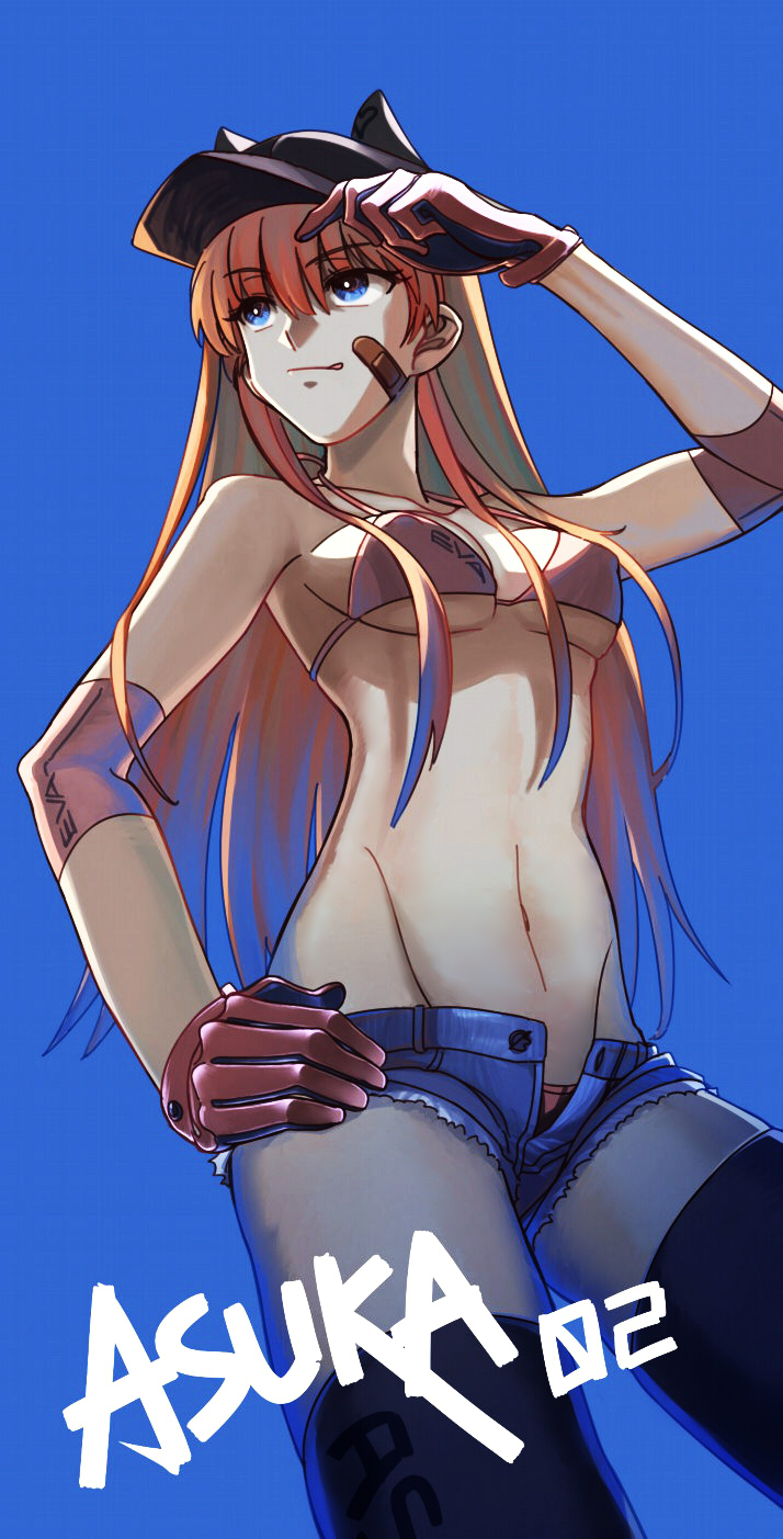 :q animal_hat bad_id bad_pixiv_id bandaid bandaid_on_face bikini black_legwear blue_background blue_eyes breasts covered_nipples cowboy_shot elbow_pads elbow_sleeve from_below gloves hair_between_eyes hand_on_hip hat highres liangchanxingmingrixiang long_hair looking_to_the_side medium_breasts neon_genesis_evangelion open_fly orange_hair rebuild_of_evangelion shikinami_asuka_langley short_shorts shorts solo souryuu_asuka_langley swimsuit thighhighs tongue tongue_out unbuttoned