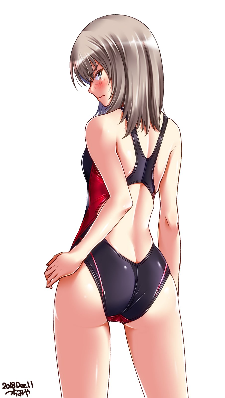1girl artist_name ass black_swimsuit blue_eyes blush commentary_request competition_swimsuit cowboy_shot dated from_behind girls_und_panzer highres itsumi_erika long_hair looking_at_viewer looking_back one-piece_swimsuit silver_hair simple_background solo standing swimsuit tsuchimiya white_background