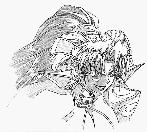 :d angry artist_request bangs grandia grandia_ii graphite_(medium) greyscale hair_ornament high_ponytail long_hair millenia_(grandia) monochrome open_mouth parted_bangs smile solo traditional_media upper_body v-shaped_eyebrows