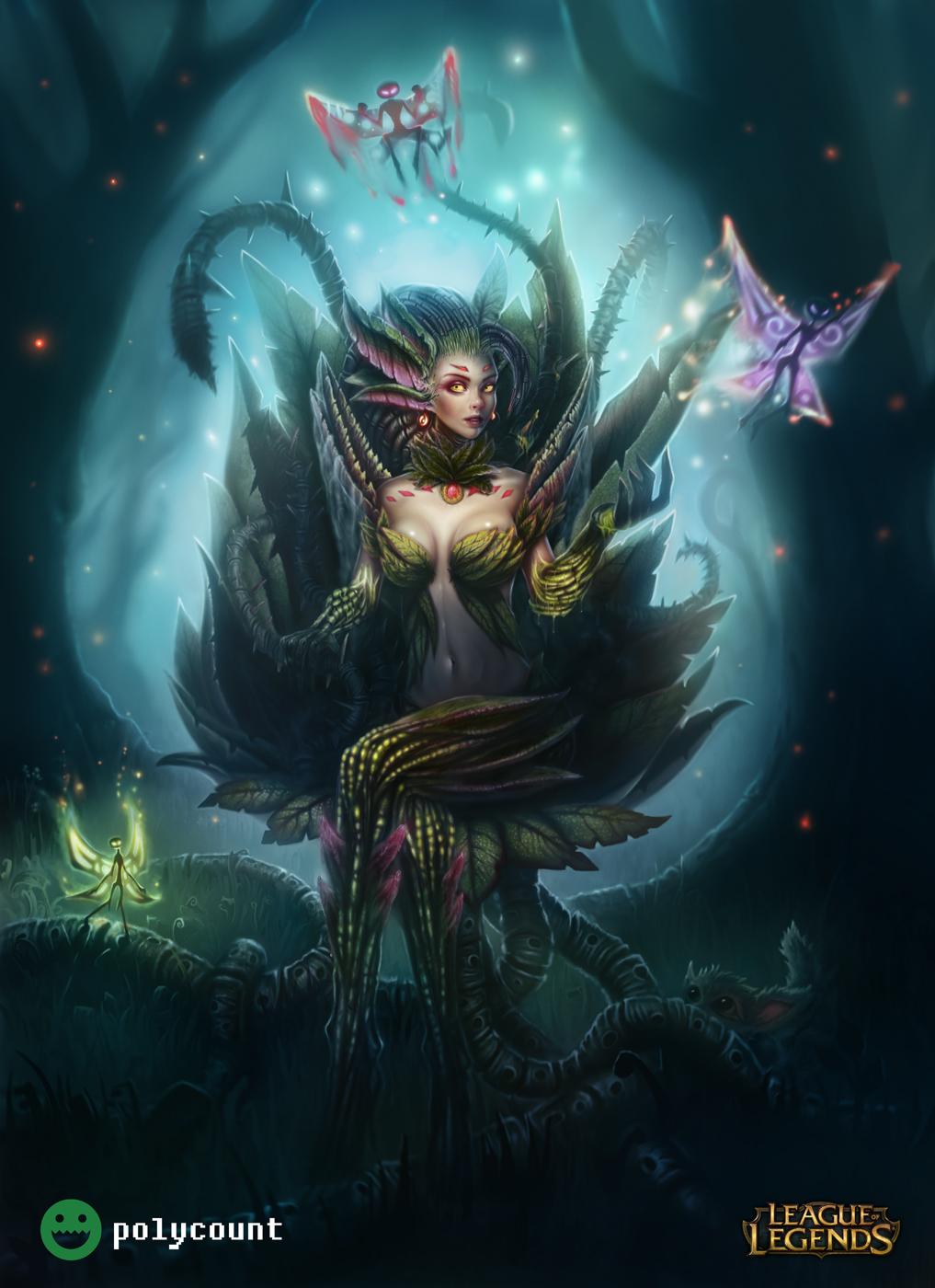 breasts cleavage copyright_name dgatrick fairy full_body highres leaf leaf_bra league_of_legends medium_breasts midriff monster_girl navel open_mouth outdoors outstretched_hand plant plant_girl root roots sitting solo_focus thorns vines watermark yellow_eyes zyra