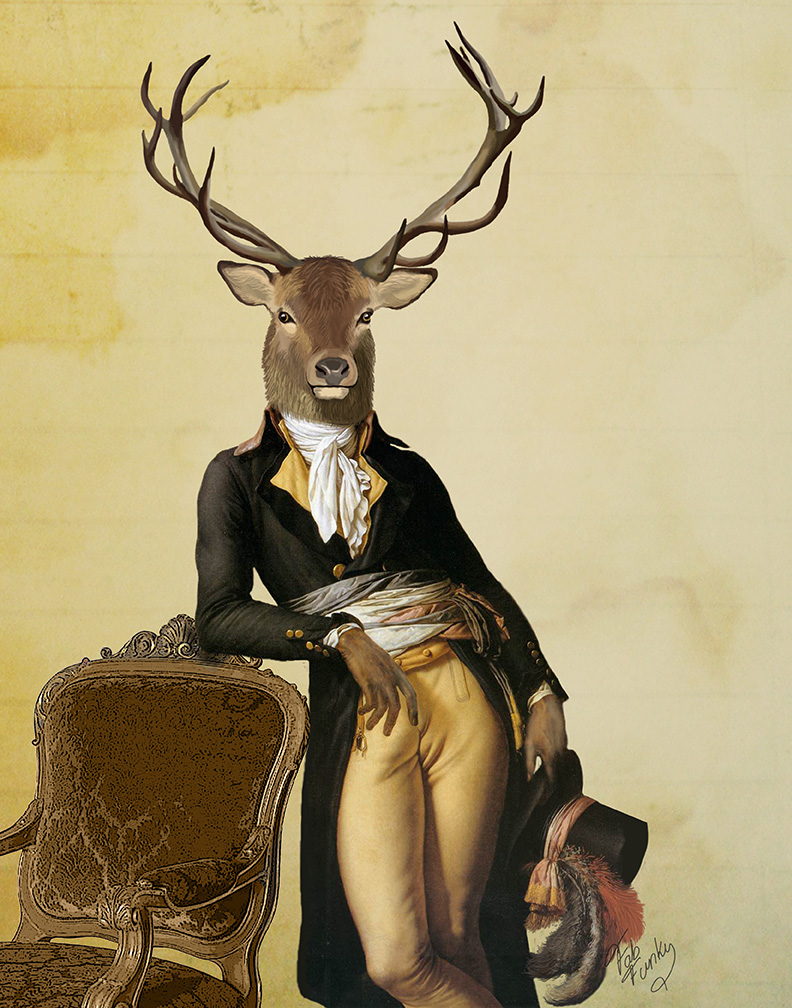 anthro brown_fur cervine chair classy clothed clothing coat deer fabfunky front_view fully_clothed fur hat holding_hat horn kelly_stevens leaning male mammal portrait pose scarf signature simple_background solo top_hat