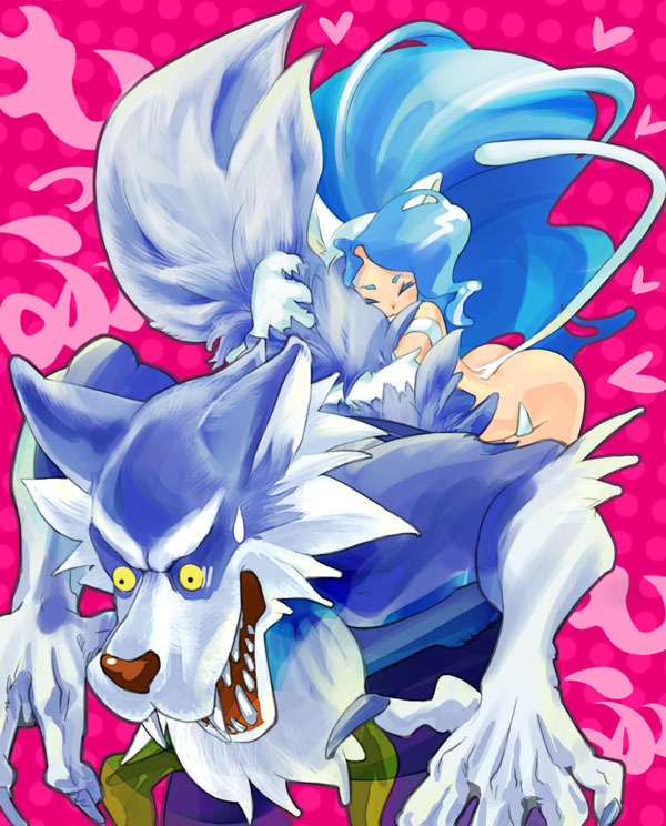 animal_ears big_hair blue_hair cat_ears cat_tail closed_eyes cuddling felicia fur gallon holding hug kaekae long_hair pink_background polka_dot polka_dot_background sweatdrop tail tail_pull vampire_(game) werewolf wolf_tail yellow_eyes