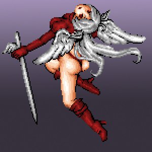 angel_wings ass boots final_fantasy final_fantasy_tactics full_body game_sprite gloves head_wings hikarikawa_natsuka leotard long_hair lowres pixel_art red_eyes red_leotard silver_hair solo sword thigh_boots thighhighs ultima_(fft) weapon white_hair wings