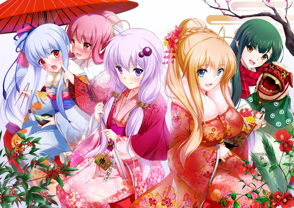 ahoge bangs bell bench blonde_hair blue_eyes blue_hair blue_ribbon blush bowl bug_(artist) cheek_poking chopsticks egasumi floral_print flower green_hair hair_flower hair_ornament hair_ribbon heart heart-shaped_pupils japanese_clothes kimono kotonoha_akane kotonoha_aoi long_hair long_sleeves multiple_girls new_year open_mouth plant poking ponytail purple_eyes purple_hair red_eyes red_hair red_scarf ribbon scarf siblings side_ponytail sisters sitting smile symbol-shaped_pupils touhoku_zunko tsurumaki_maki umbrella vocaloid voiceroid yellow_eyes yuzuki_yukari