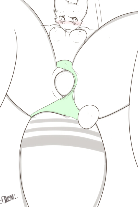 2015 anthro areola birth blush breasts clitoris clothed clothing drenmar english_text female freckles fur nipples oviposition pussy reptile reylin scales scalie signature simple_background snake solo spread_legs spreading stripes text topless underwear white_background