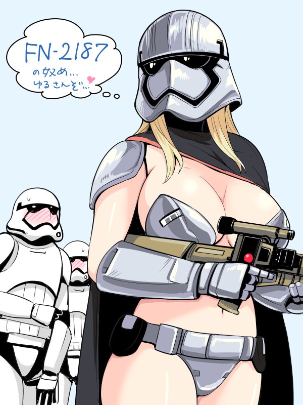 2boys armor bikini_armor blonde_hair blush bowieknife breasts cape captain_phasma cleavage commentary_request finn_(star_wars) first_order full-face_blush gauntlets gun large_breasts long_hair multiple_boys navel pauldrons redesign rifle science_fiction solo_focus spoilers star_wars star_wars:_the_force_awakens stormtrooper thought_bubble translation_request trigger_discipline weapon