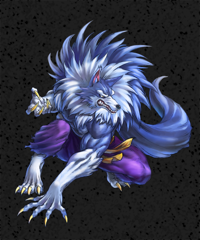 claws clenched_teeth emboss full_body fur gallon muscle no_humans pants pose purple_pants simple_background solo squatting tail teeth vampire_(game) werewolf