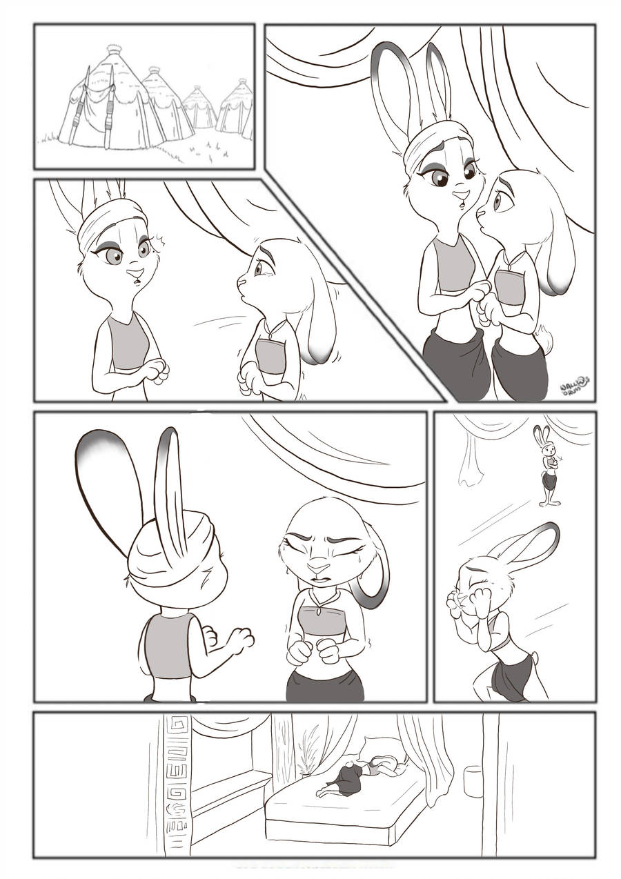 2018 bandanna bed bedroom black_and_white clothing comic crop_top crossed_arms crying dipstick_ears disney duo ears_down fan_character female hut jewelry judy_hopps lagomorph mammal monochrome necklace pillow rabbit running sarong shirt simple_background tears tribal tube_top village walloruss white_background wigwam zootopia