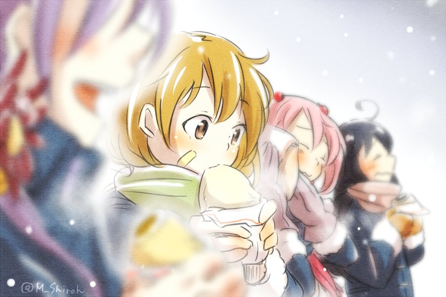:3 ahoge akebono_(kantai_collection) bandaid bandaid_on_face baozi black_hair blurry blush brown_hair closed_eyes coat commentary_request depth_of_field eating eyebrows_visible_through_hair flower food fur gloves green_scarf hair_bobbles hair_flower hair_ornament kantai_collection long_hair multiple_girls oboro_(kantai_collection) open_mouth orange_gloves pink_gloves pink_hair pink_scarf purple_hair sazanami_(kantai_collection) scarf shakeda_mamoshirou short_hair side_ponytail snow snowing steam tareme twintails twitter_username ushio_(kantai_collection) winter winter_clothes winter_coat yellow_gloves