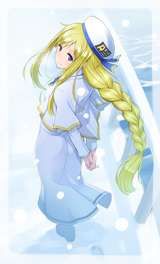 alicia_florence aria arms_behind_back blonde_hair blue_eyes braid commentary_request dress from_behind hat long_hair looking_back mofu single_braid smile snow solo uniform