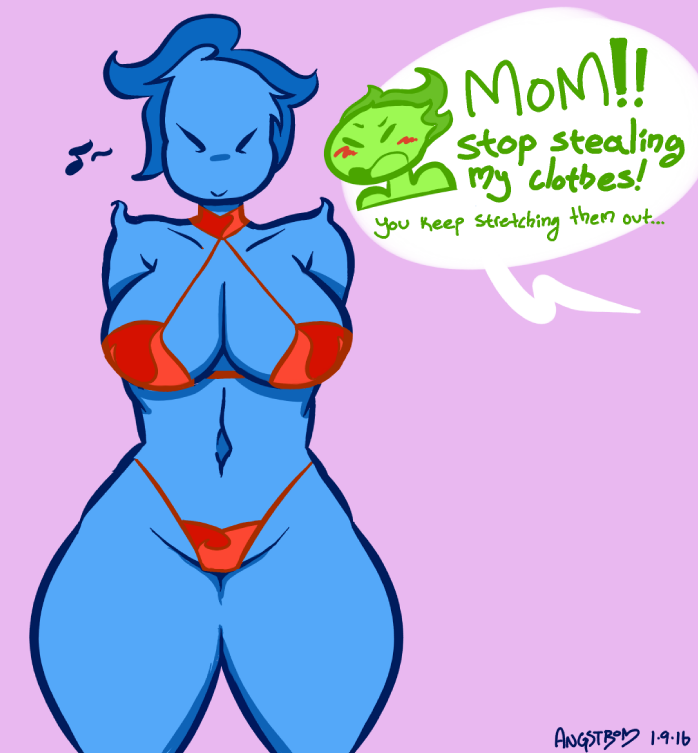 2016 angstrom big_breasts bikini blush breasts cleavage clothed clothing daughter dialogue duo elemental embarrassed english_text eyes_closed female fire fire_elemental fuku_fire huge_breasts mature_female mother mother_and_daughter musical_note open_mouth parent smile speech_bubble swimsuit text undertale video_games