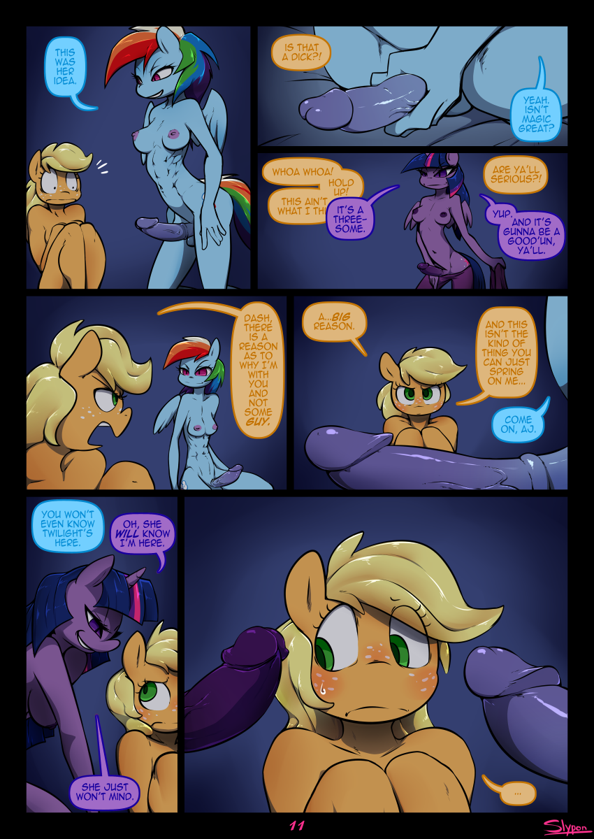 2016 anthro anthrofied applejack_(mlp) areola balls blonde_hair blush breasts comic dialogue dickgirl earth_pony english_text equine erection female freckles friendship_is_magic green_eyes group hair horn horse intersex mammal multicolored_hair my_little_pony nipples nude pegasus penis pony rainbow_dash_(mlp) rainbow_hair slypon text twilight_sparkle_(mlp) winged_unicorn wings