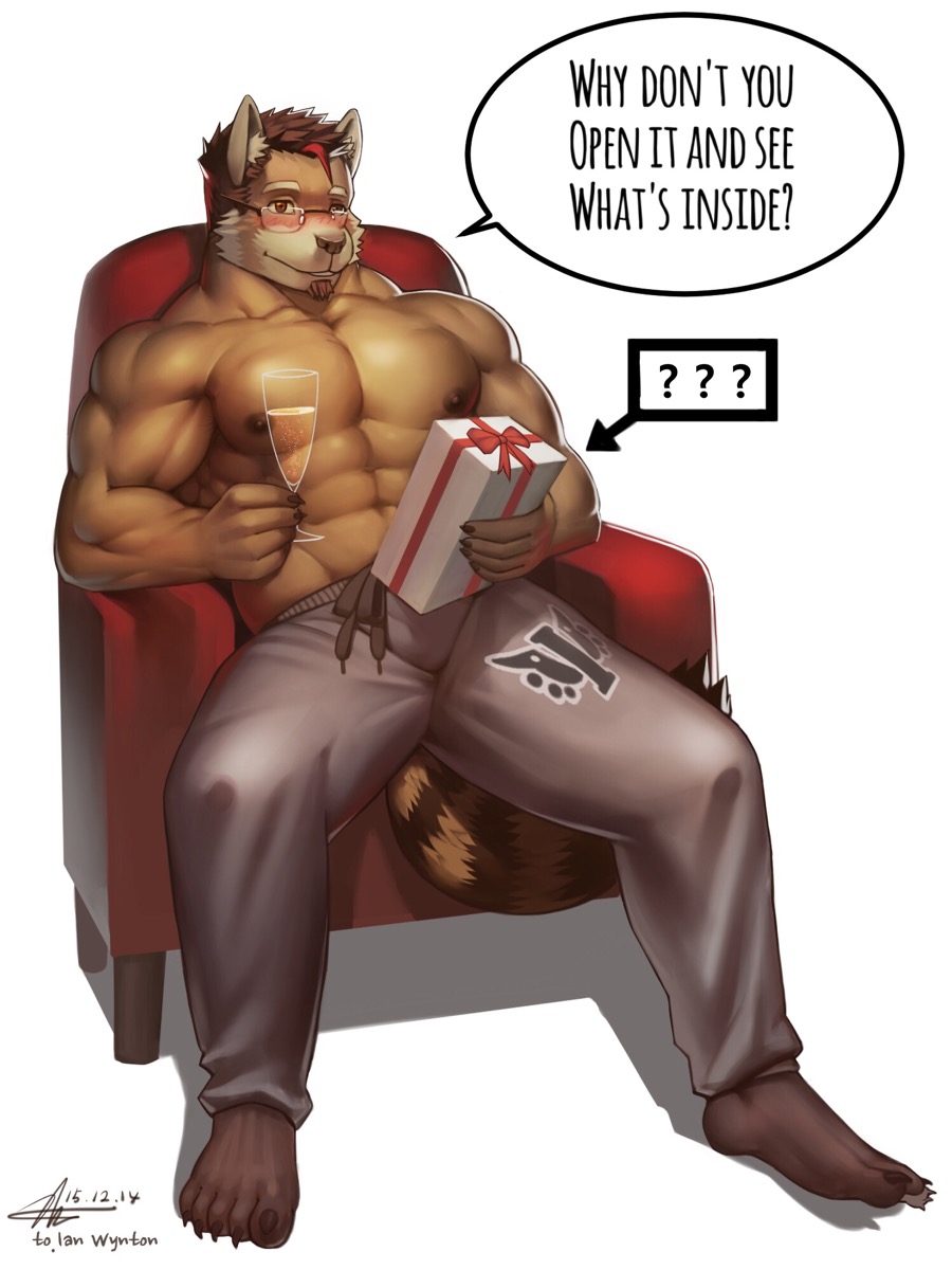 2015 5_fingers 5_toes abs alcohol anthro armchair barefoot beverage biceps big_muscles blush chair clothed clothing english_text eyewear facial_hair food fur gift glass glasses goatee hair invalid_tag looking_at_viewer male mammal muscular nipples pants pecs raccoon21 red_panda simple_background sitting smile solo teeth text toes topless wine_glass