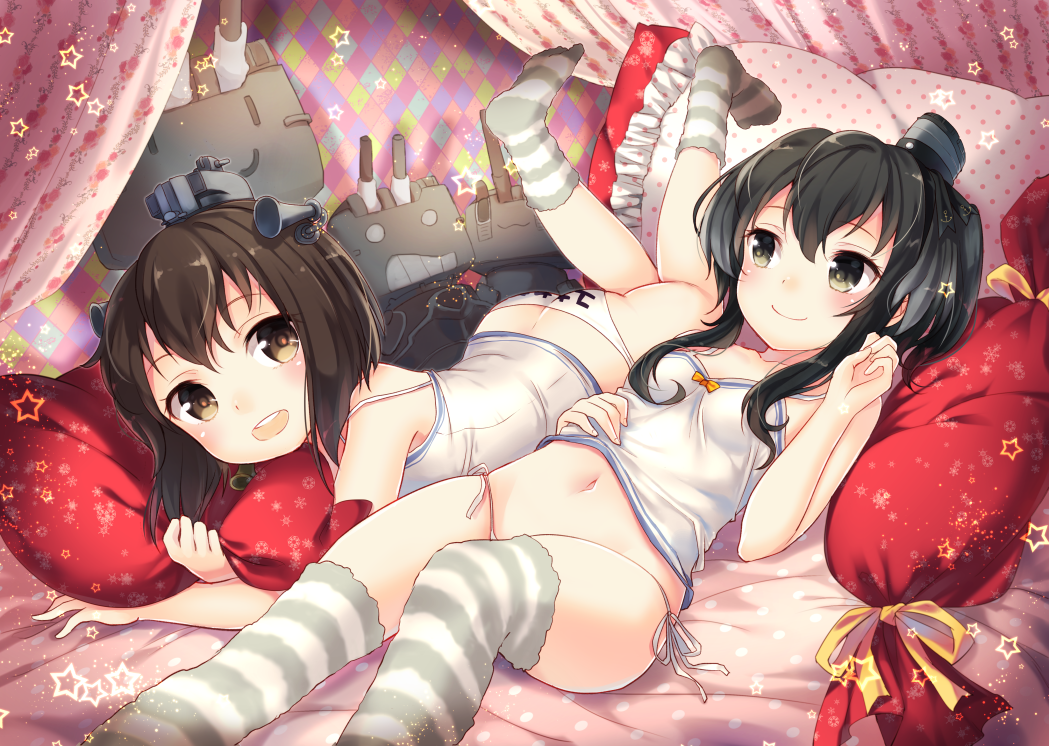 :3 :d ass bad_id bad_pixiv_id bangs bed black_hair breasts brown_eyes brown_hair camisole canopy_bed chemise chou-10cm-hou-chan collarbone fluffy_legwear grey_eyes hand_on_own_stomach headgear kantai_collection legs_up looking_at_viewer lying multiple_girls navel nunucco o_o on_back on_stomach open_mouth panties pillow pillow_hug rensouhou-chan rensouhou-kun side-tie_panties small_breasts smile striped striped_legwear thighhighs tokitsukaze_(kantai_collection) underwear white_panties yukikaze_(kantai_collection) |_|