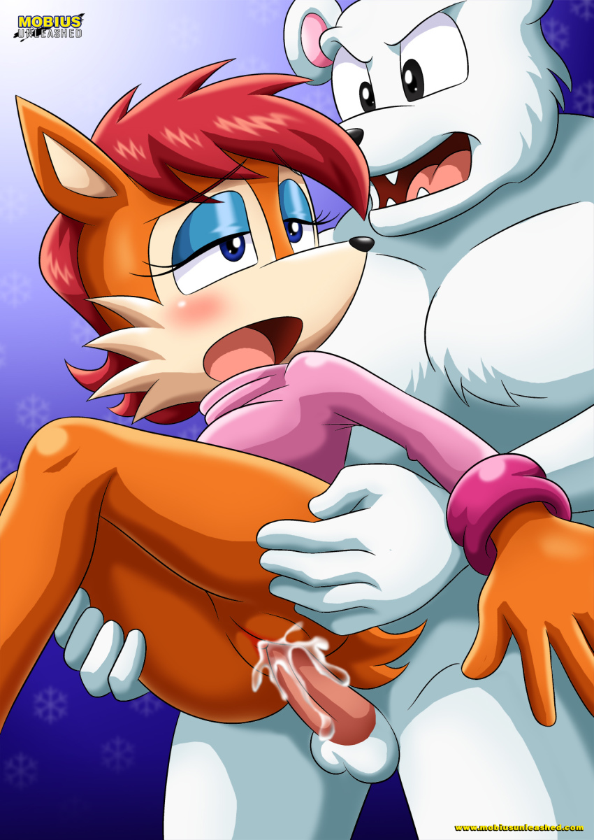 2016 anthro archie_comics augustus_(character) balls bbmbbf bear black_eyes blue_eyes blush bottomless clitoris clothing cum cum_in_pussy cum_inside cum_on_penis cum_on_pussy digital_media_(artwork) erma_ermine ermine female fur hair half-closed_eyes half-dressed hand_on_butt hand_on_thigh hi_res horny larger_male lifting_up male male/female mammal moan mobian_(species) mobius_unleashed mustelid open_mouth orange_fur orgasm palcomix penis polar_bear pussy red_hair sex short_hair size_difference sonic_(series) standing sweater tan_fur vaginal white_fur